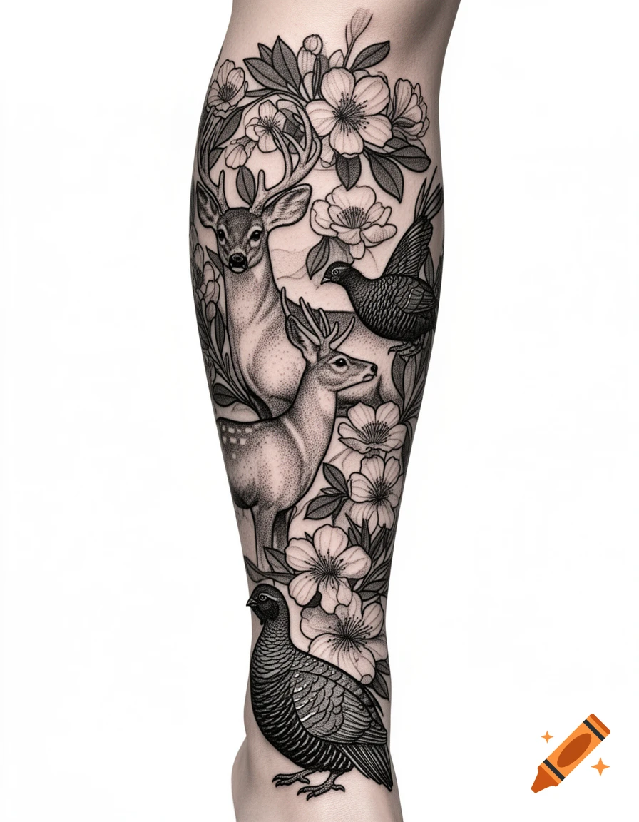 Black and white illustrative tattoo on a leg featuring two deer, two birds, and various flowers and foliage.