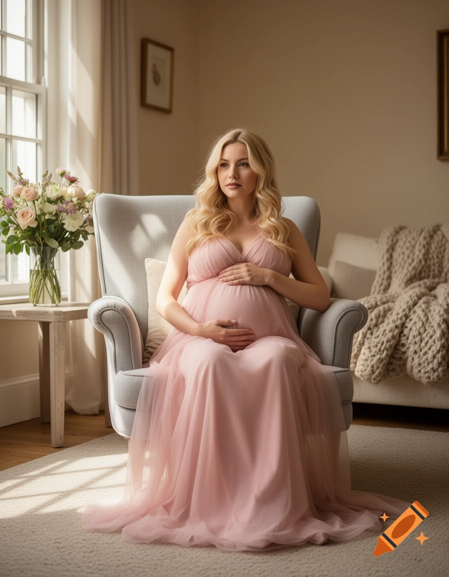A photorealistic portrait of a pregnant blonde woman in a pink dress, seated in a chair, holding her belly.