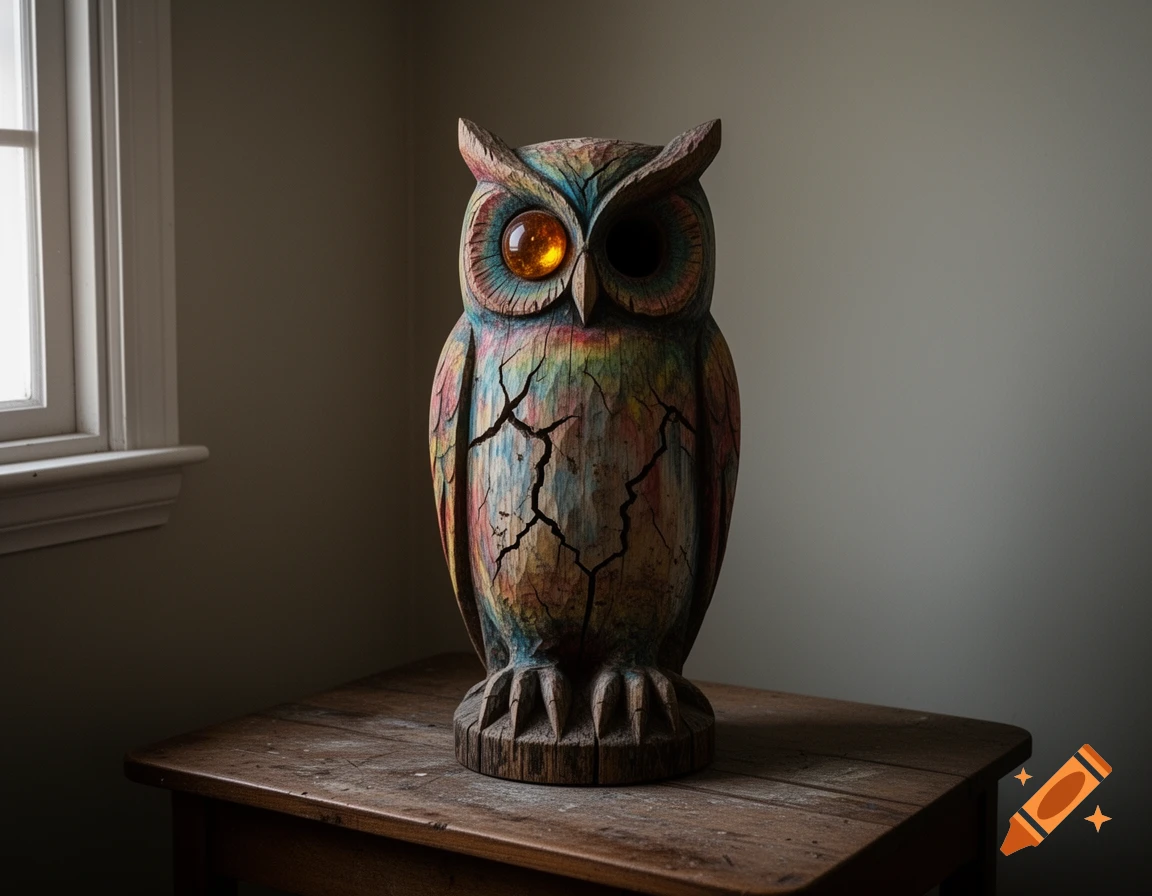 A colorful, weathered wood carving of an owl with one amber eye and deep cracks, standing on a wooden table.