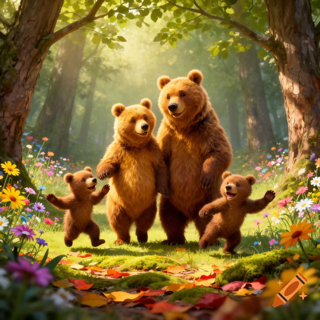 A cartoon bear family, two adults and two cubs, standing happily in a sunlit forest with wildflowers and autumn leaves.
