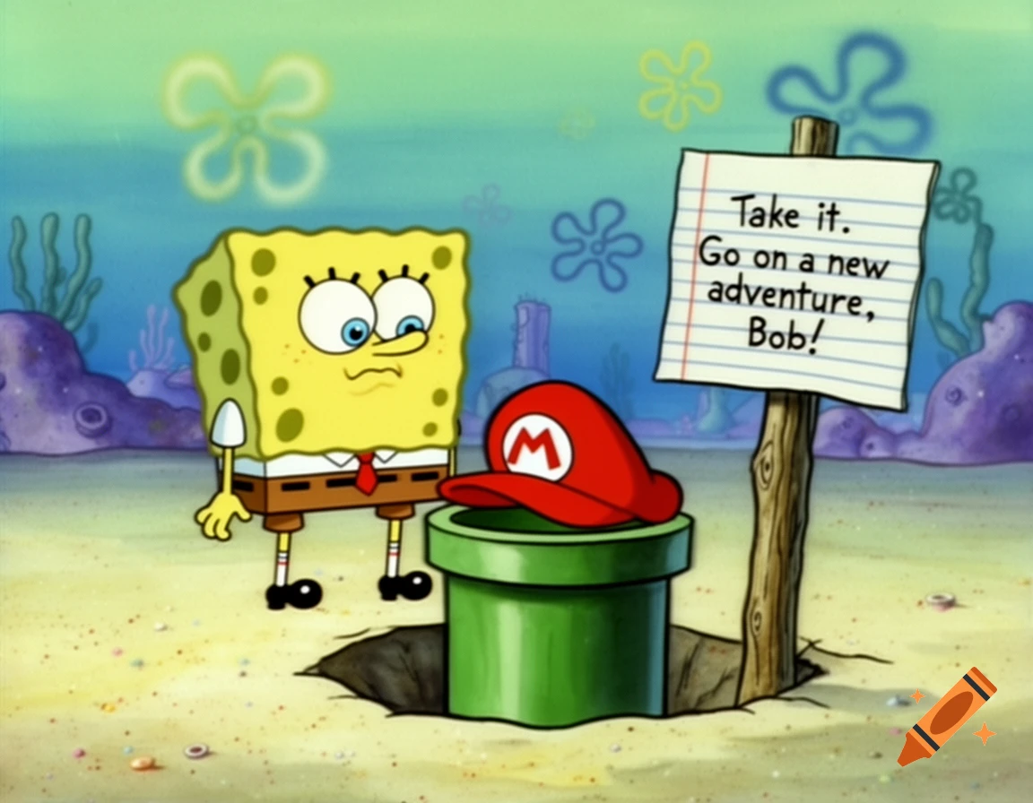 SpongeBob looks at a Super Mario pipe with a Mario cap and a sign saying 'Go on a new adventure, Bob!' in a cel-animated style.