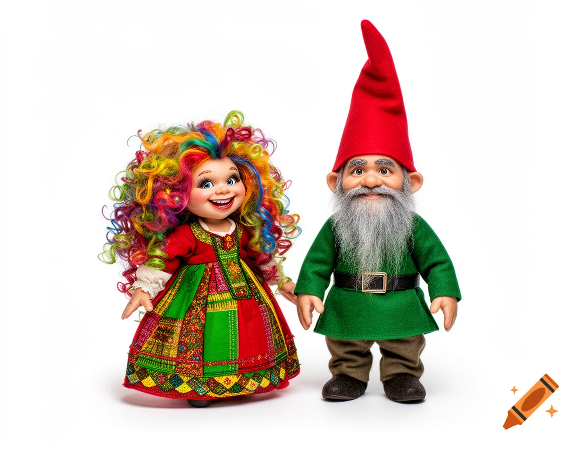 A cheerful doll with rainbow hair and a colorful dress stands next to a smiling male gnome with a white beard and red hat on a white background.