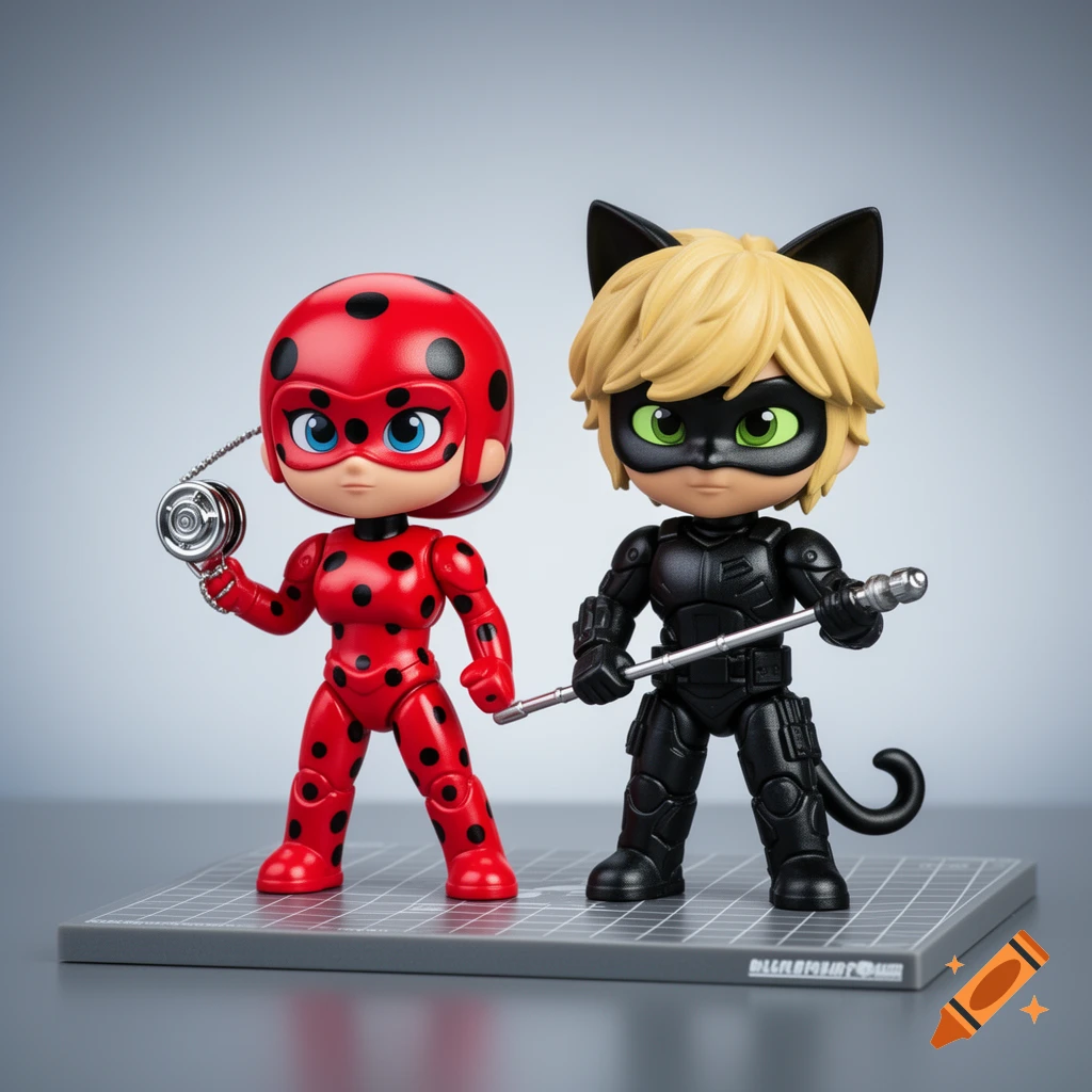 Professional product shot of chibi-style Ladybug and Cat Noir action figures. Ladybug is red with black spots, holding a yo-yo. Cat Noir is black with cat ears, holding a staff. They stand on a gray grid display.