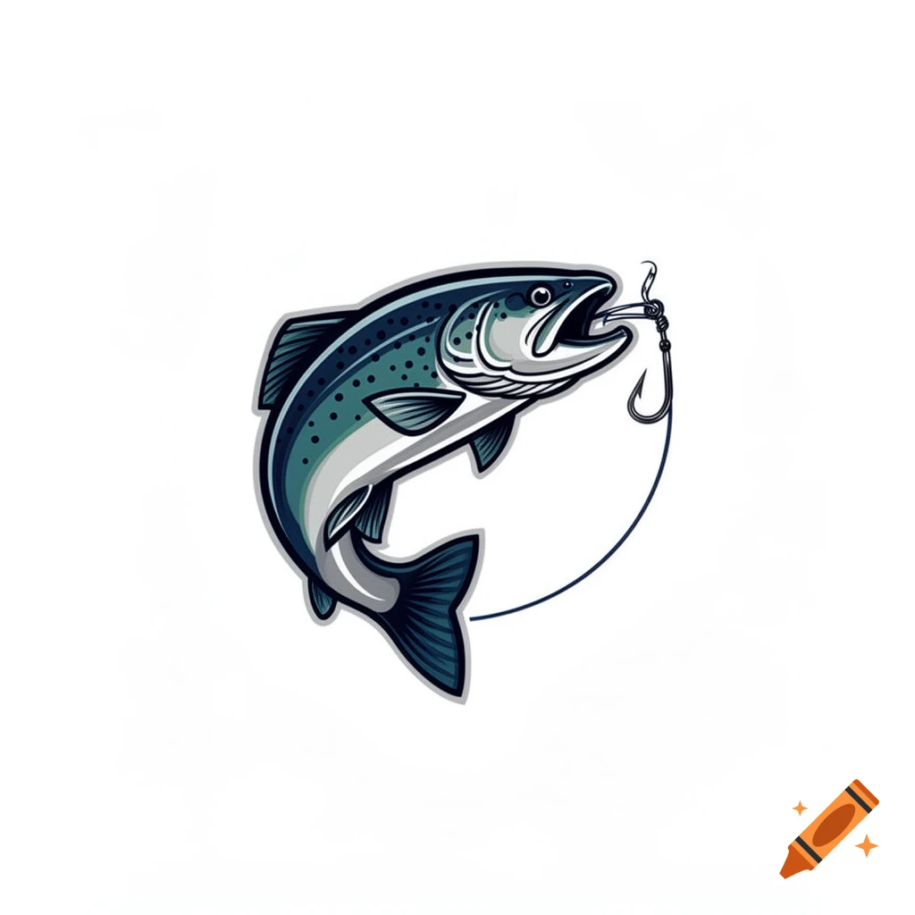 An illustration of a blue-green trout with a fishing hook in its mouth, jumping, on a white background.