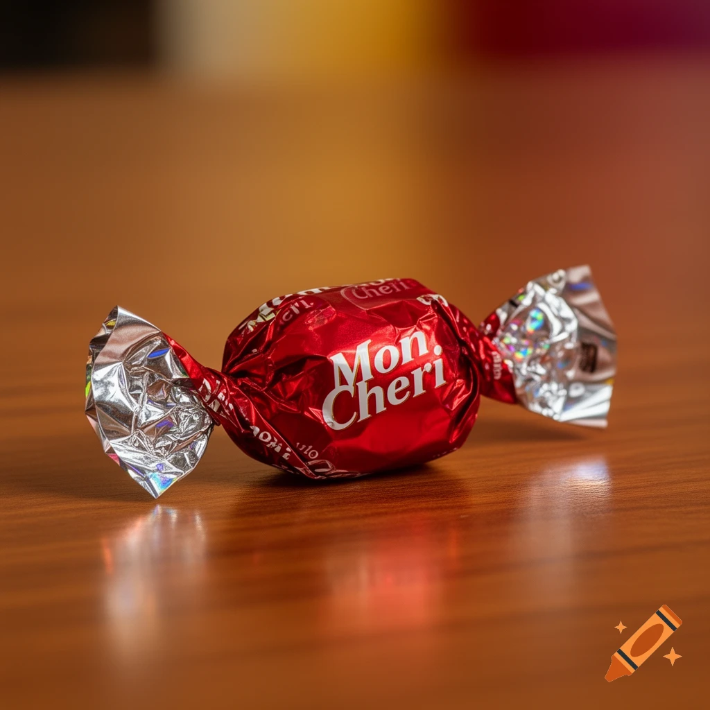 A single Mon Cheri chocolate wrapped in crumpled red and silver foil on a wooden surface.