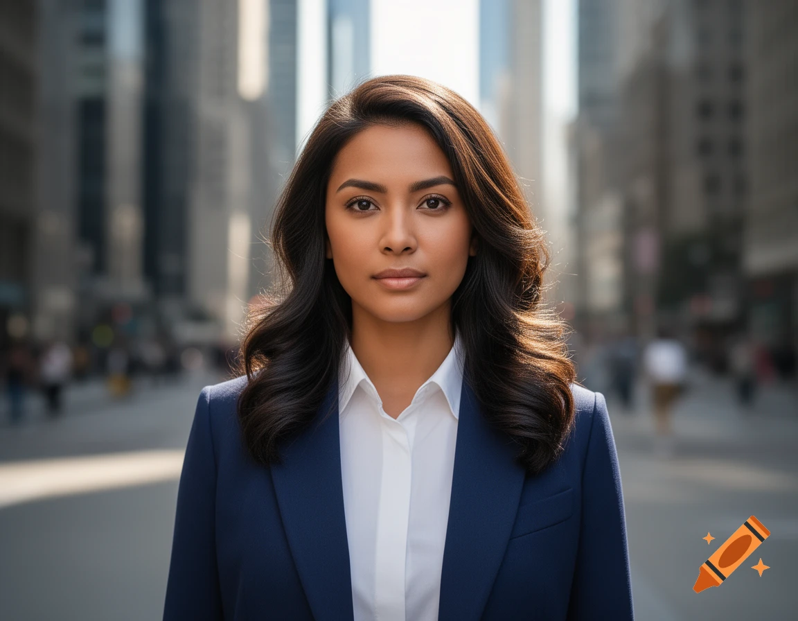 Photorealistic portrait of a professional woman in a navy suit and white shirt, standing on a city street with blurred buildings.