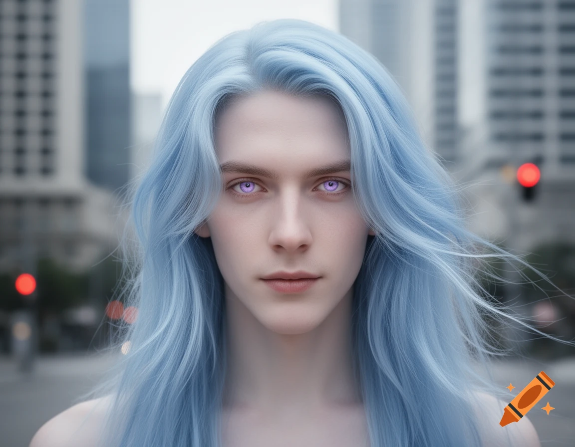 A photorealistic portrait of a pale person with long light blue hair and lavender eyes in an urban setting.