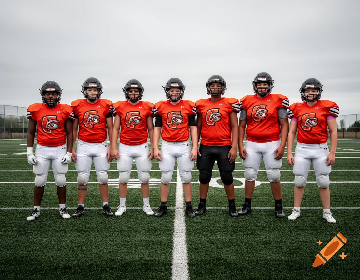 Seven young football players in orange jerseys and white pants stand shoulder-to-shoulder on a green field under a cloudy sky.