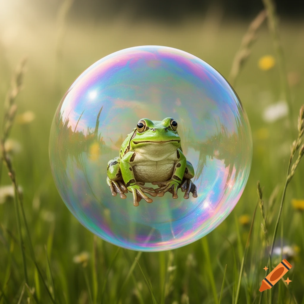 A photorealistic green frog sits inside a clear, iridescent bubble, floating above a sunny, grassy field.