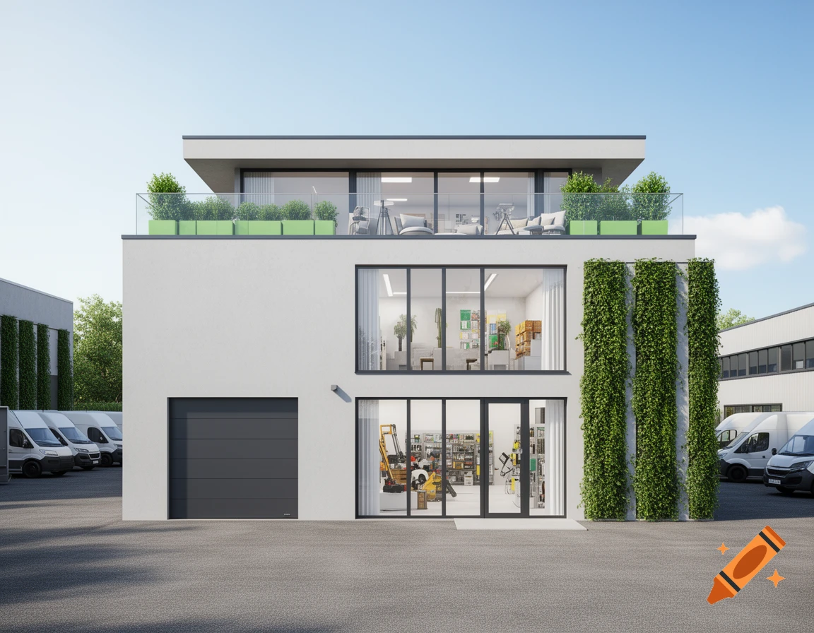 A photorealistic 3D architectural rendering of a modern white commercial building with a dark garage door, glass windows, vertical green walls, and a rooftop terrace.