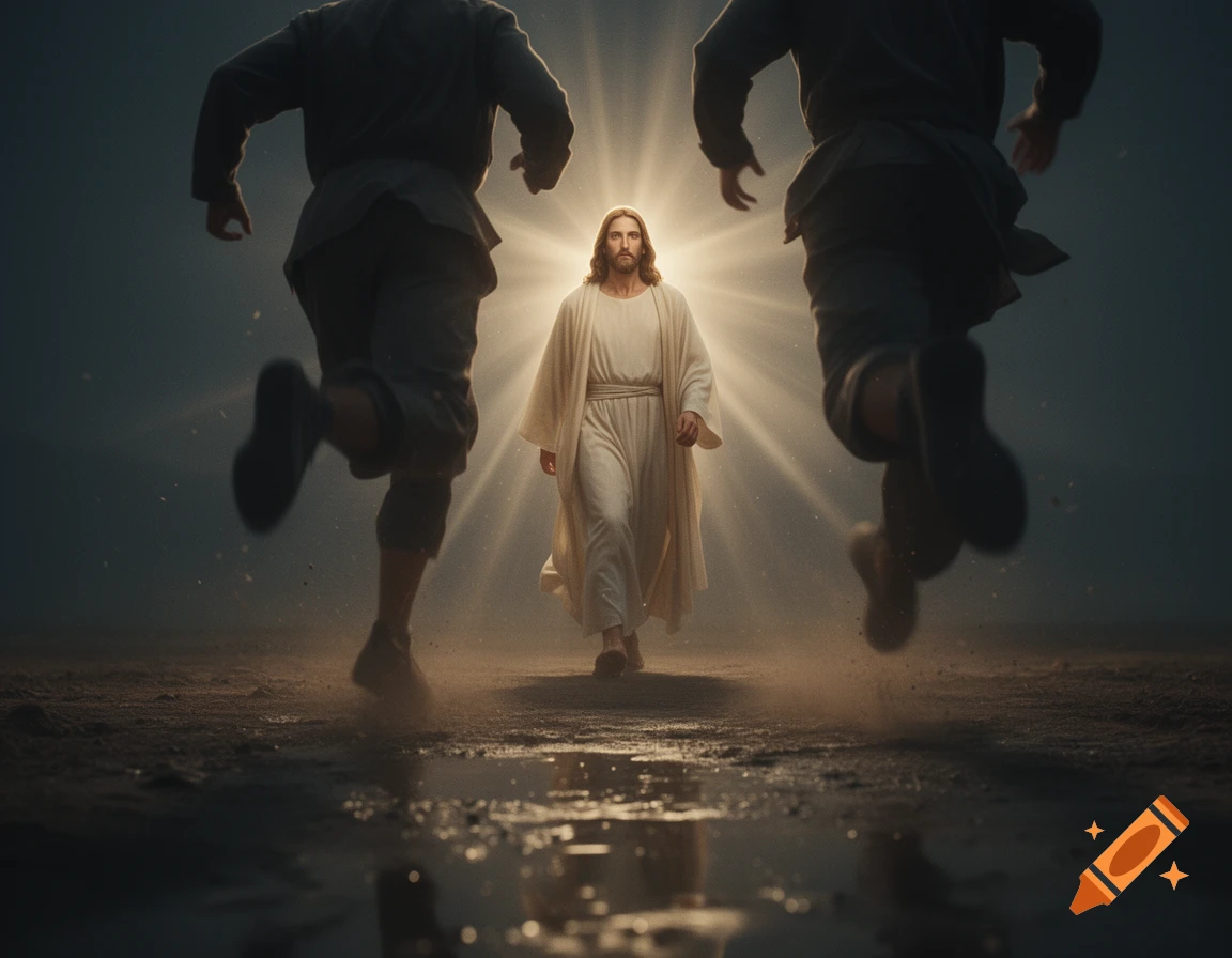 Two figures run towards a glowing Jesus Christ walking on a dark, dusty ground in a hyperrealistic style.