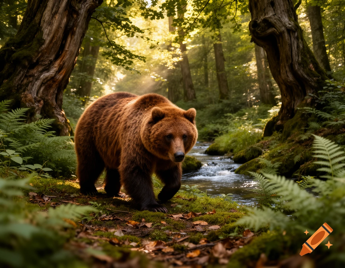 A large brown bear walks through a sunlit, mossy forest next to a flowing stream.