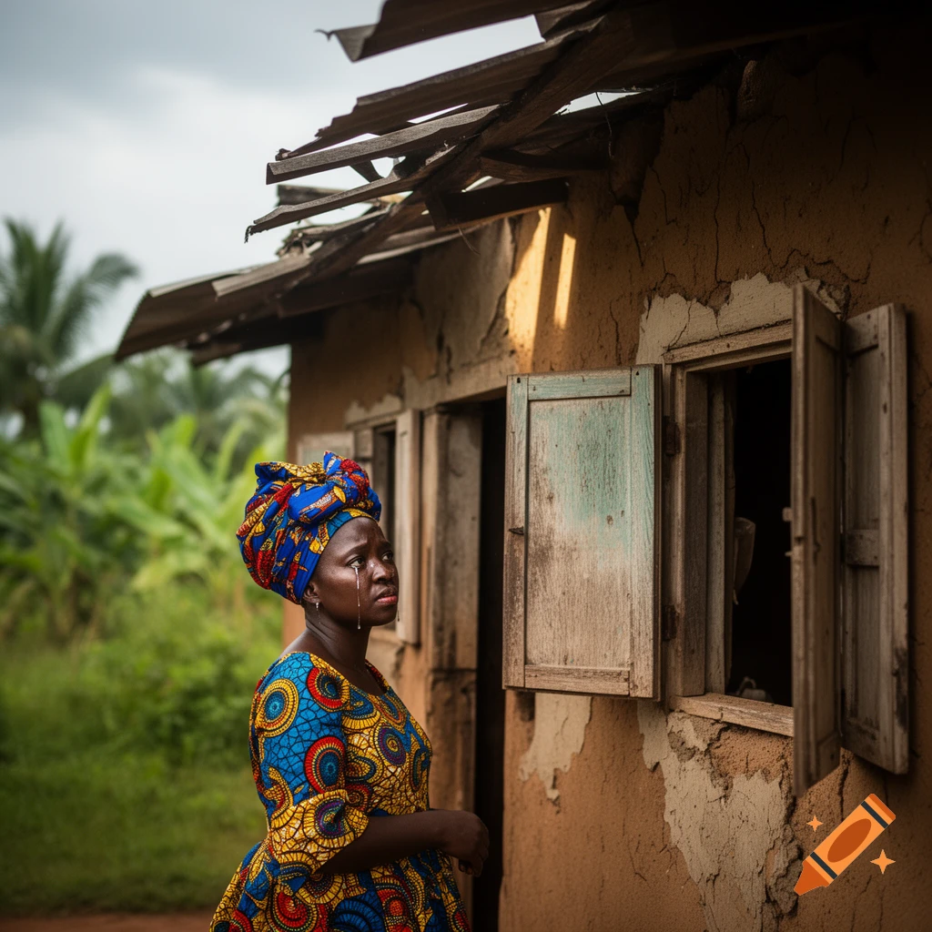 Photorealistic image of a Nigerian woman in vibrant dress crying outside a dilapidated village house.