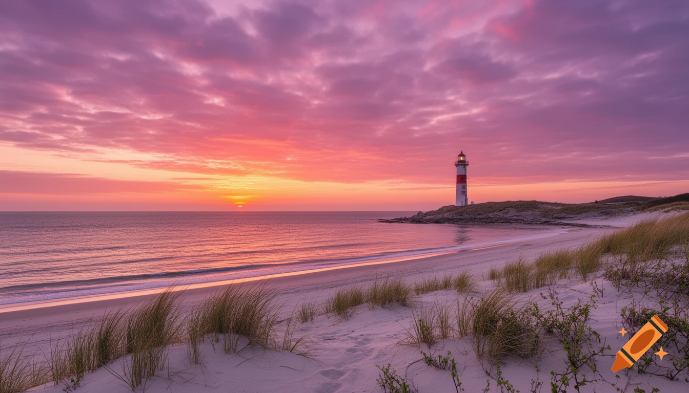 A red and white lighthouse stands on a rocky beach with a vibrant pink and orange sunset over the ocean.