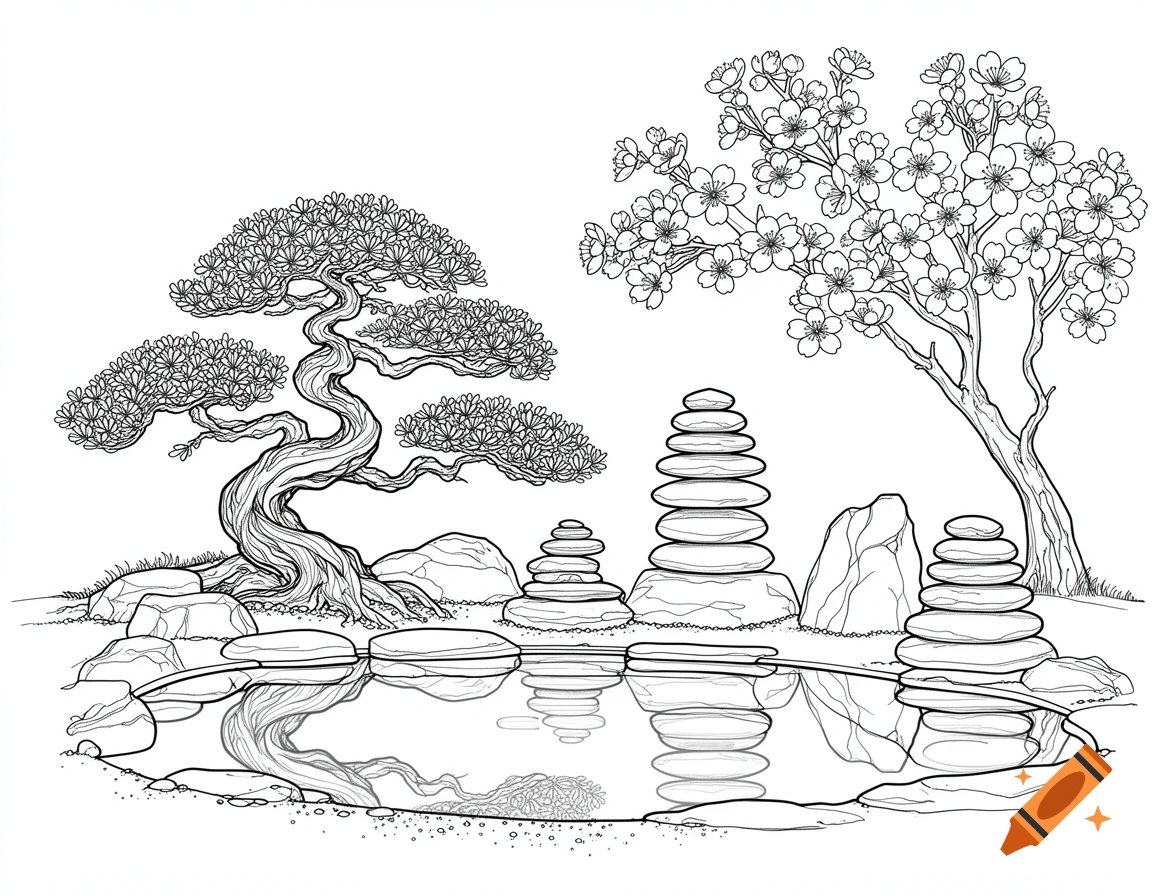 Detailed line art of a Japanese zen garden with a bonsai, cherry blossom tree, stacked stones, and a pond.