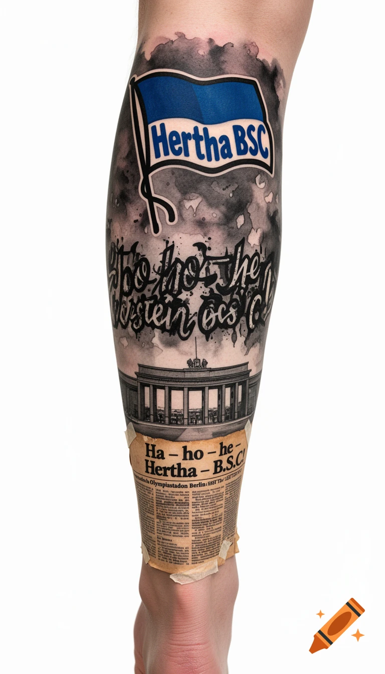 A colorful tattoo sleeve on a leg featuring a blue and white flag with 'Hertha BSC', stylized black calligraphy, a detailed depiction of the Olympiastadion Berlin, and a newspaper clipping at the ankle.