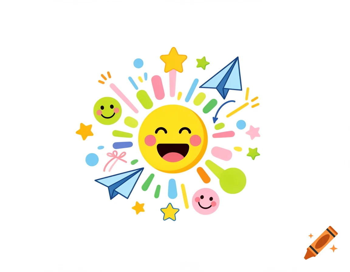 A cheerful cartoon sun with a wide smile and rosy cheeks, surrounded by colorful stars, paper airplanes, and festive confetti against a white background.