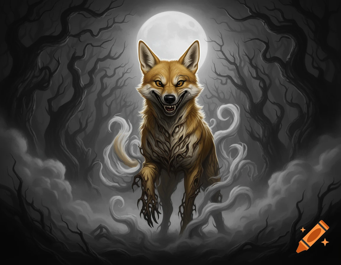 A grinning, feral fox-like creature with glowing eyes and clawed paws emerges from swirling mist in a dark, gnarled forest under a full moon, in a stylized horror art style.