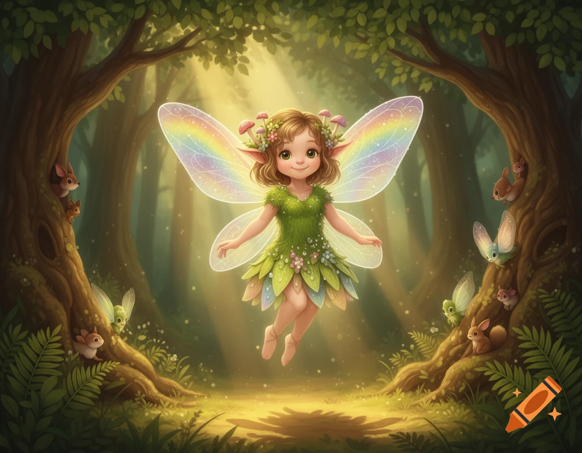 A cute, smiling fairy with shimmering rainbow wings and a green leaf dress floats in an enchanted forest with small animals.