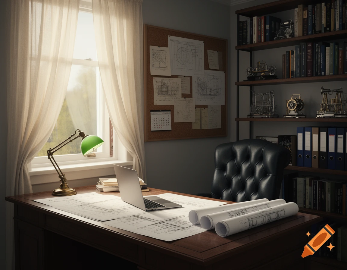 An engineer's study with a desk holding a laptop and blueprints, a green-shaded lamp, a leather chair, bookshelves, and a cork board.