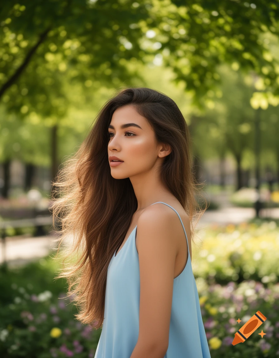 Photorealistic portrait of a young woman in a light blue dress looking to the side, long hair flowing, in a lush green park.