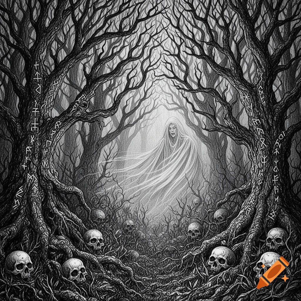Monochromatic pen and ink drawing of a ghostly figure shrouded in white, emerging from a dark, gnarled forest floor littered with skulls.
