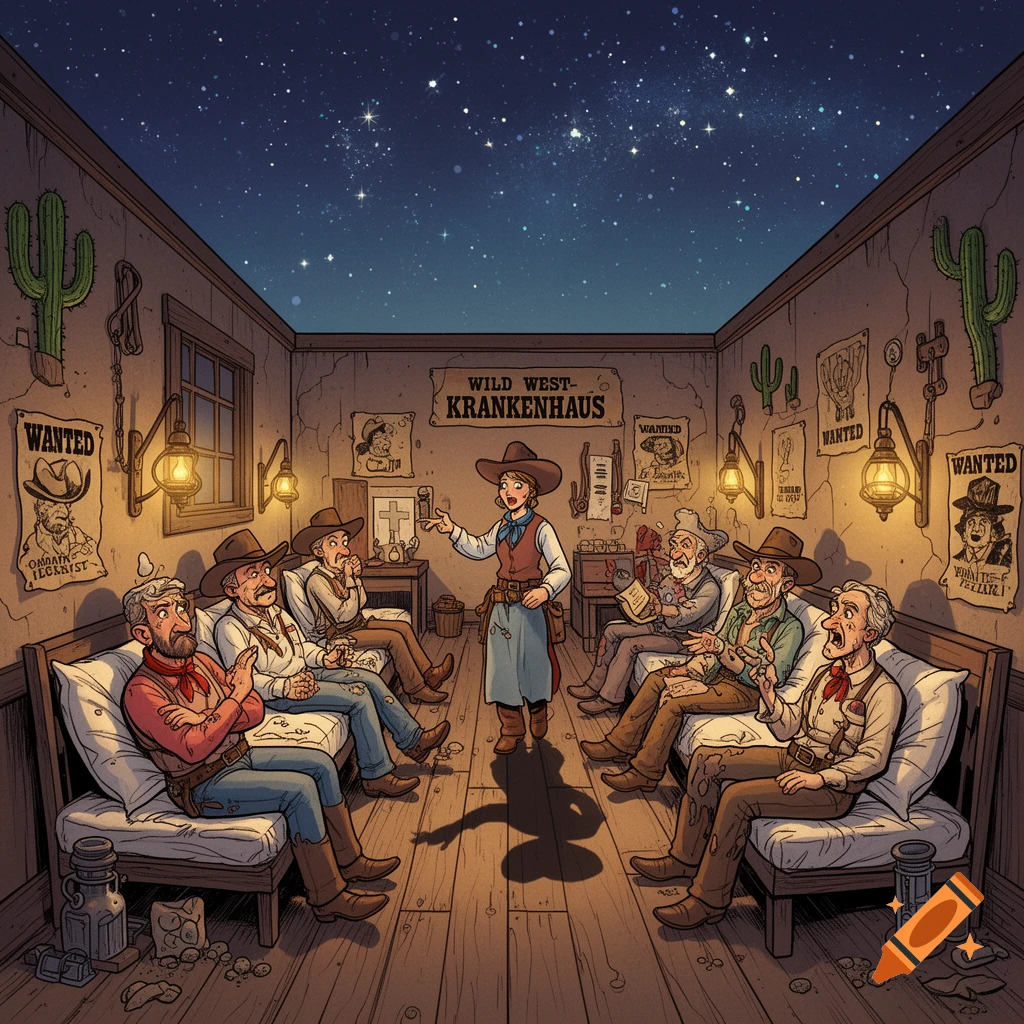 A cartoon Wild West nurse stands in a hospital ward, addressing several male patients lying in beds under a starry night sky.