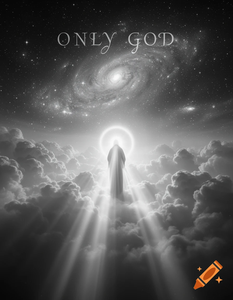 Black and white image of a glowing, robed figure on clouds with light rays, under a starry galaxy and text 'ONLY GOD'.