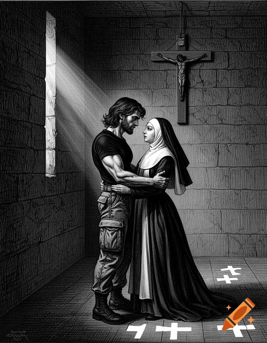 Black and white engraving of a man embracing a nun in a cell with a crucifix and light rays.