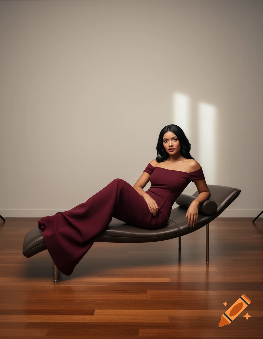 A woman in a burgundy off-the-shoulder jumpsuit reclines on a dark chaise lounge in a minimalist room.