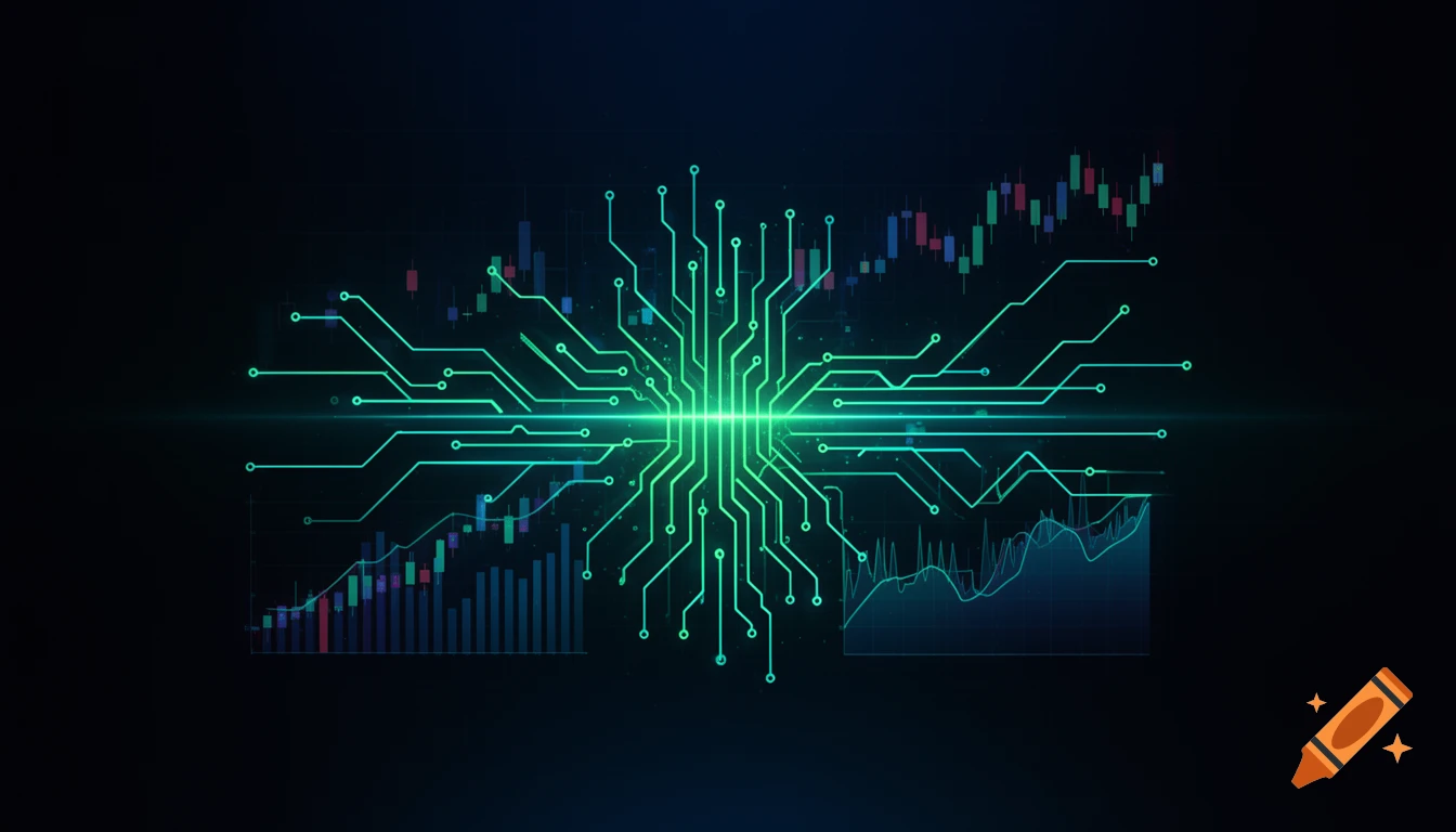 A glowing neon green digital circuit board network over a dark background with stylized financial trading charts, in a high-tech cyberpunk style.