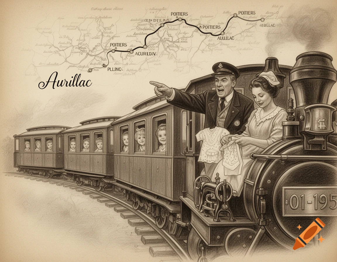 Vintage pencil drawing of a conductor pointing from a train with a woman sewing baby clothes and children looking out windows, set against a map.