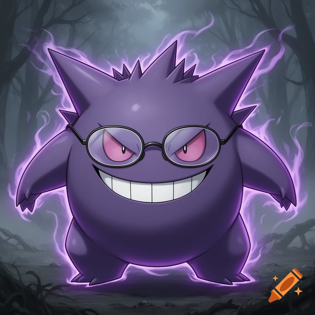 Purple Gengar Pokemon wearing black-rimmed glasses, with a glowing aura, standing in a dark, mystical forest.