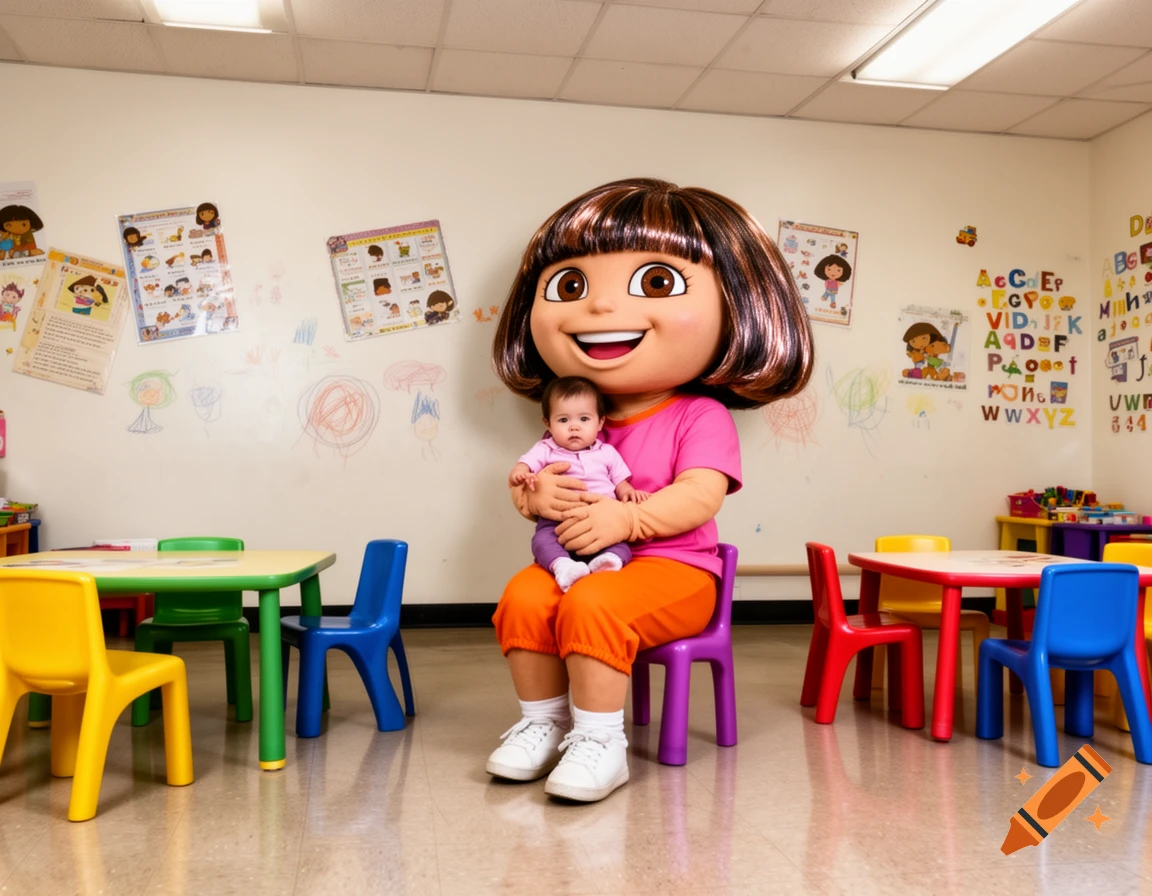 A person in a large, slightly off-model Dora the Explorer mascot costume sits on a purple chair, holding a baby on their knee in a brightly lit daycare classroom with colorful tables, chairs, and posters on the wall.