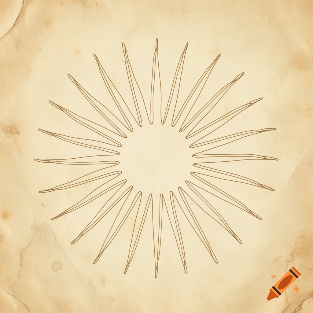 A simple brown line drawing of a spiky sun symbol on a light brown distressed parchment background.