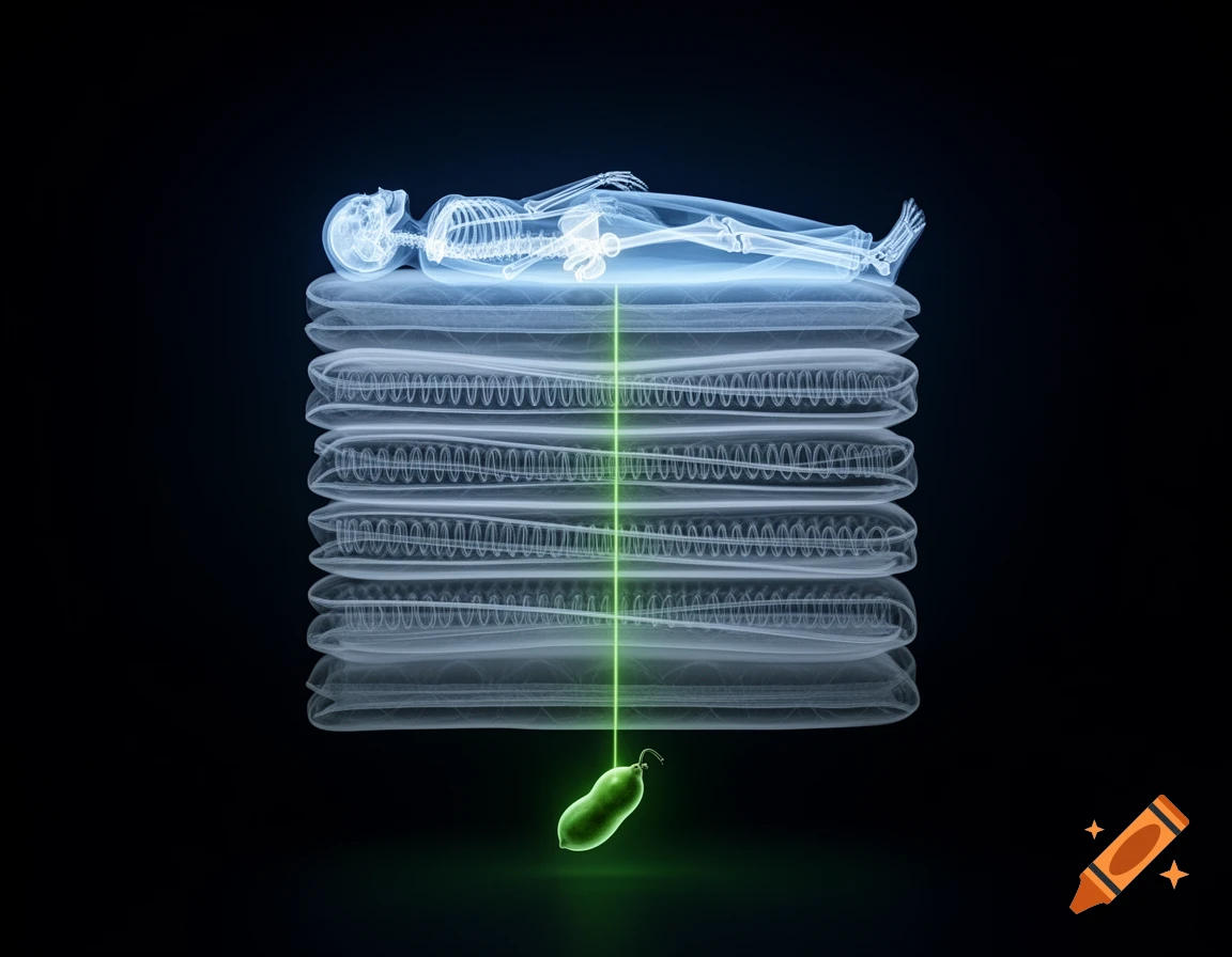 X-ray art of a skeleton lying on a tall stack of transparent mattresses with visible springs, a glowing green pea beneath.