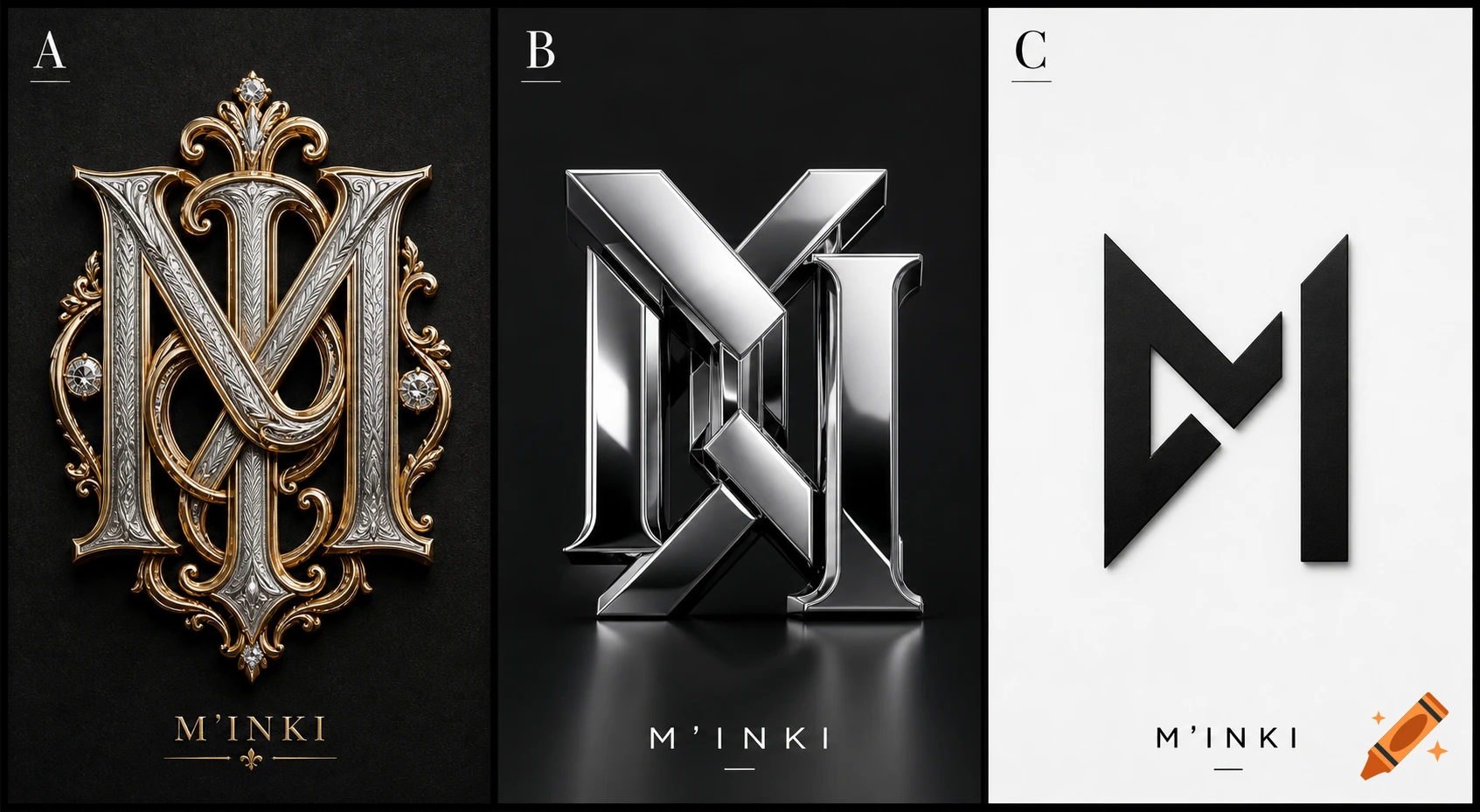 Three distinct logo designs for 'M'INKI': an ornate gold and silver monogram, a futuristic chrome interlocking design, and a minimalist black geometric symbol.