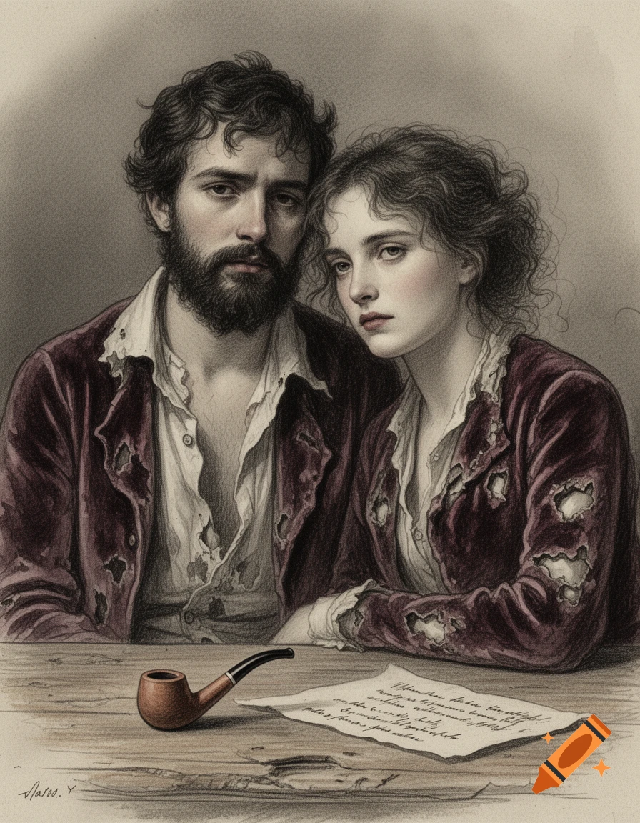 Melancholy historical couple in tattered clothes, a man with a beard and a woman with messy hair, sit behind a table with a pipe and letter, watercolor pencil illustration.