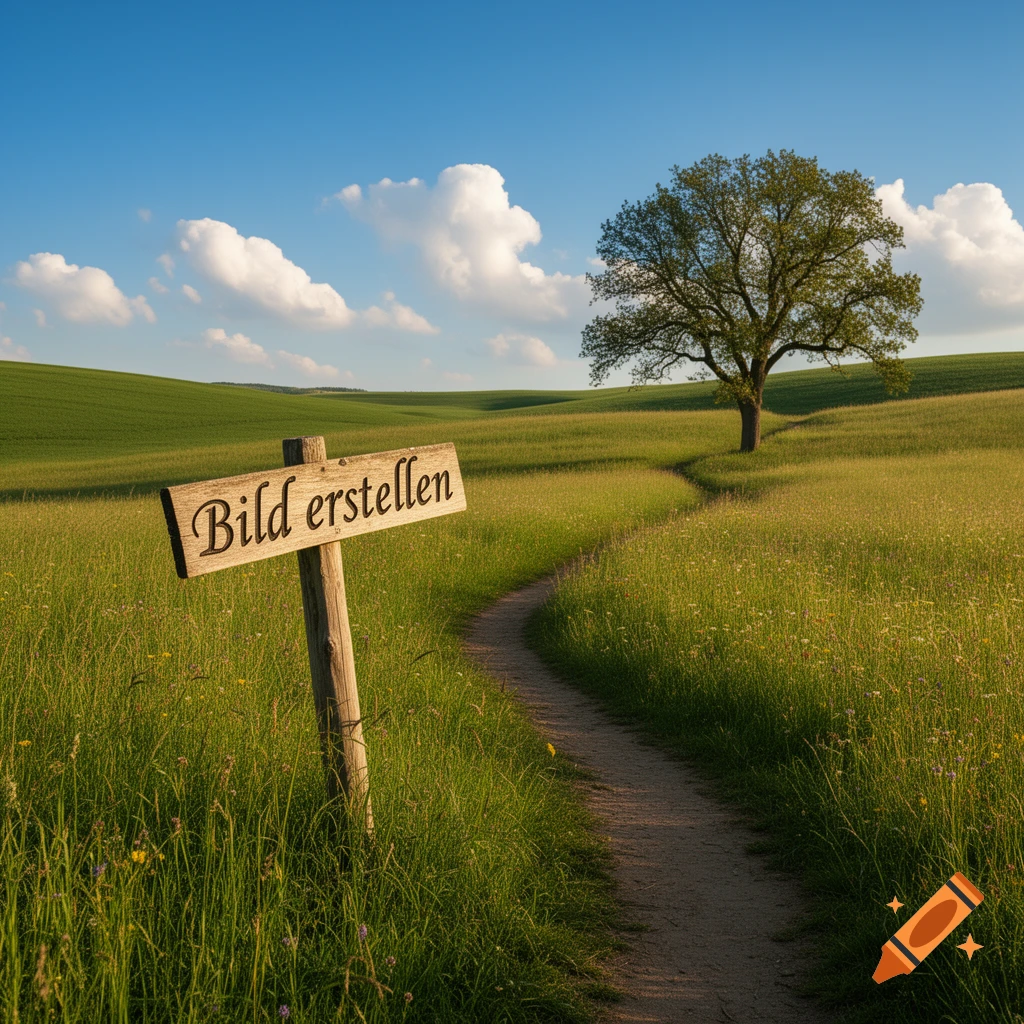 A dirt path winds through a green grassy field towards a large tree under a blue sky, with a wooden sign reading "Bild erstellen".