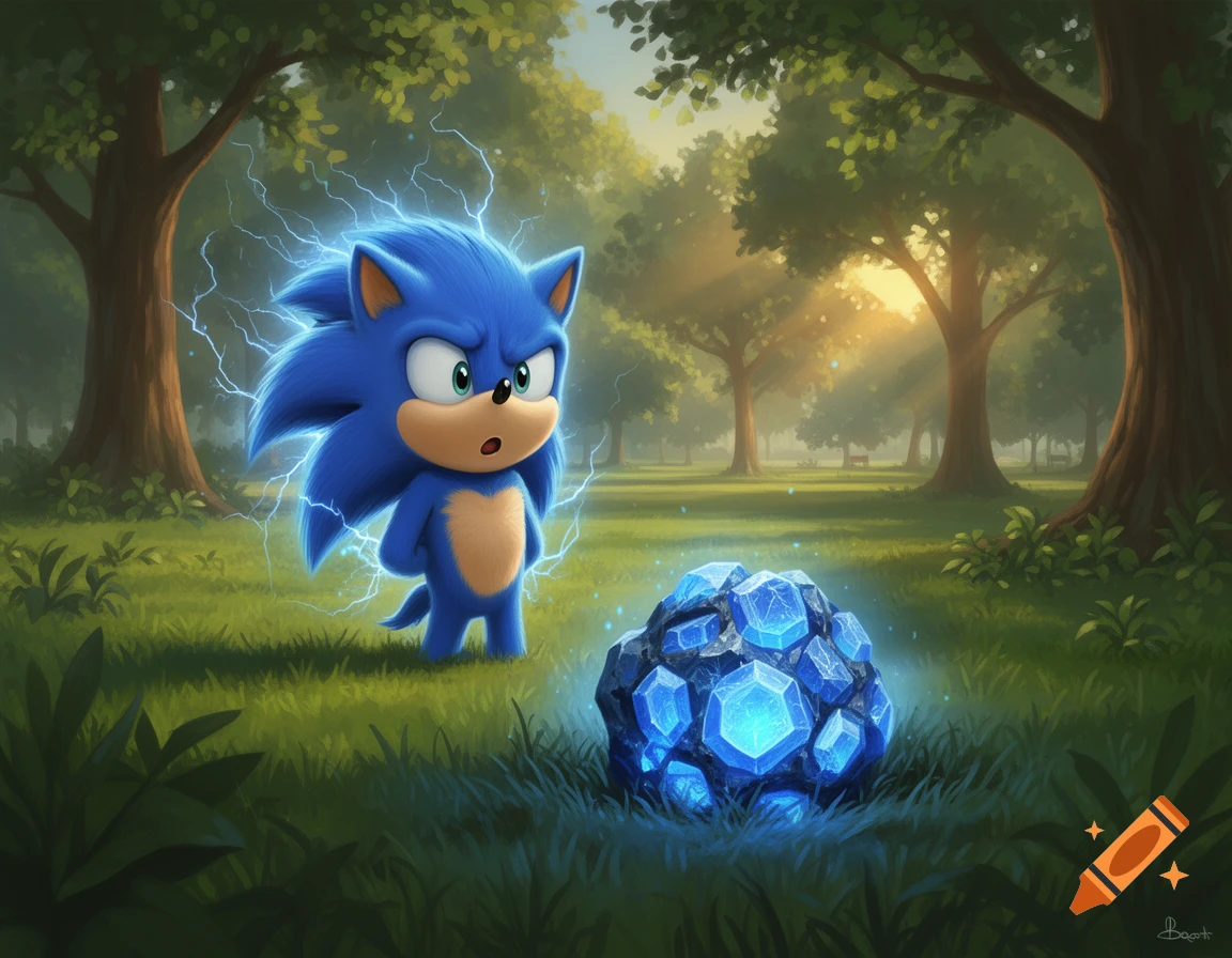 Cartoon Sonic the Hedgehog, crackling with blue electricity, looks surprised at a glowing blue crystal meteorite in a forest.