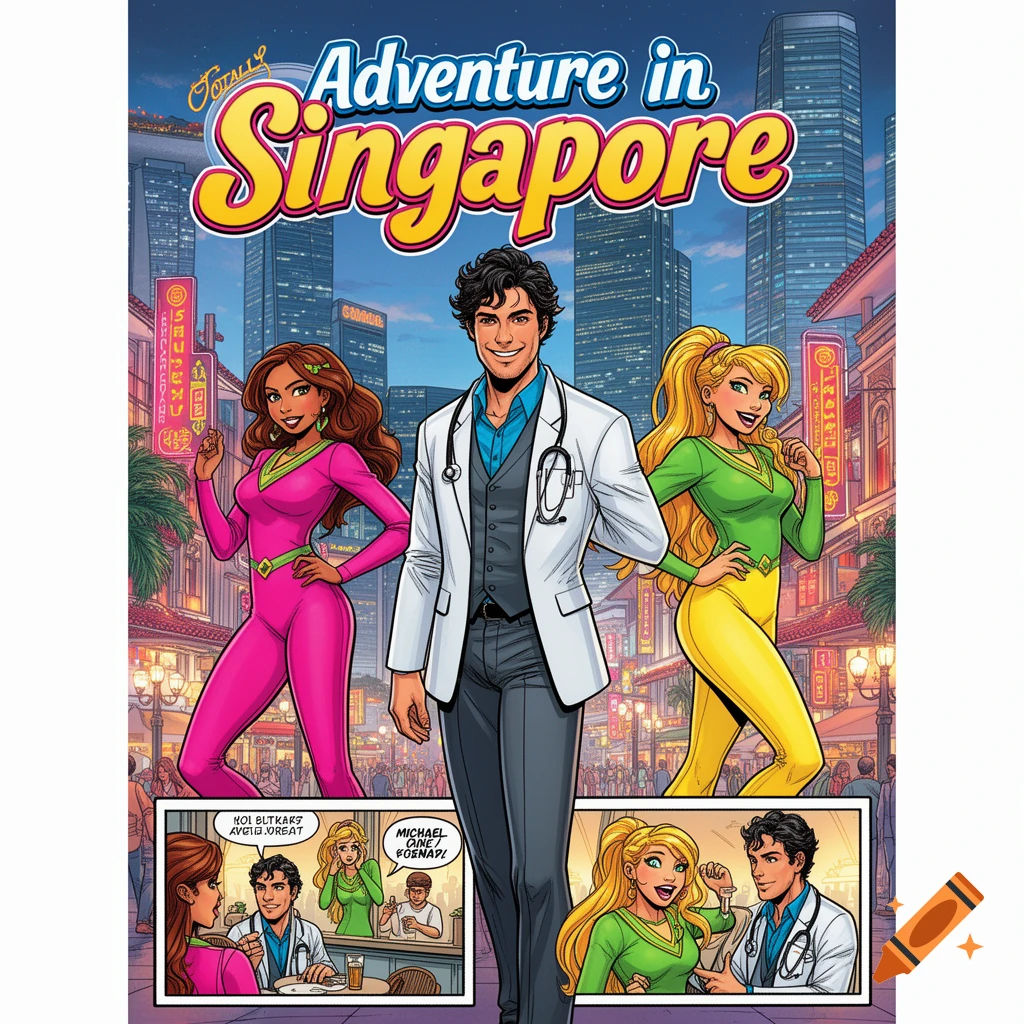 Comic book cover featuring a male doctor and two women in colorful jumpsuits, standing in front of the Singapore skyline at night, with comic panels below.