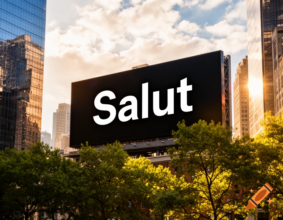 A large black billboard displaying the word 'Salut' in white, set against a sunset cityscape with modern buildings and green trees.