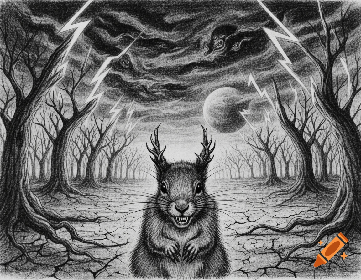 Black and white charcoal drawing of a horned squirrel with fangs in a barren forest, with ghostly figures, lightning, and a planet under dark clouds.