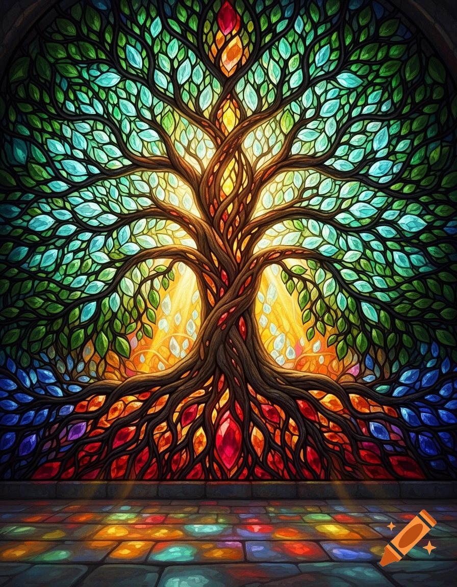 Colorful stained glass tree of life with glowing leaves and roots, casting colorful reflections on the floor.