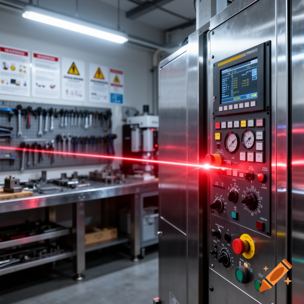 A bright red laser beam illuminates a modern industrial workshop with a machine control panel and tools on a wall rack.