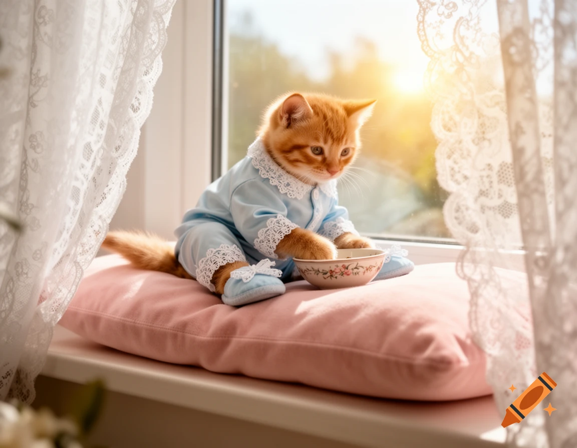 An orange kitten in blue pajamas and slippers sits on a pink cushion by a sunlit window with lace curtains, eating from a bowl.