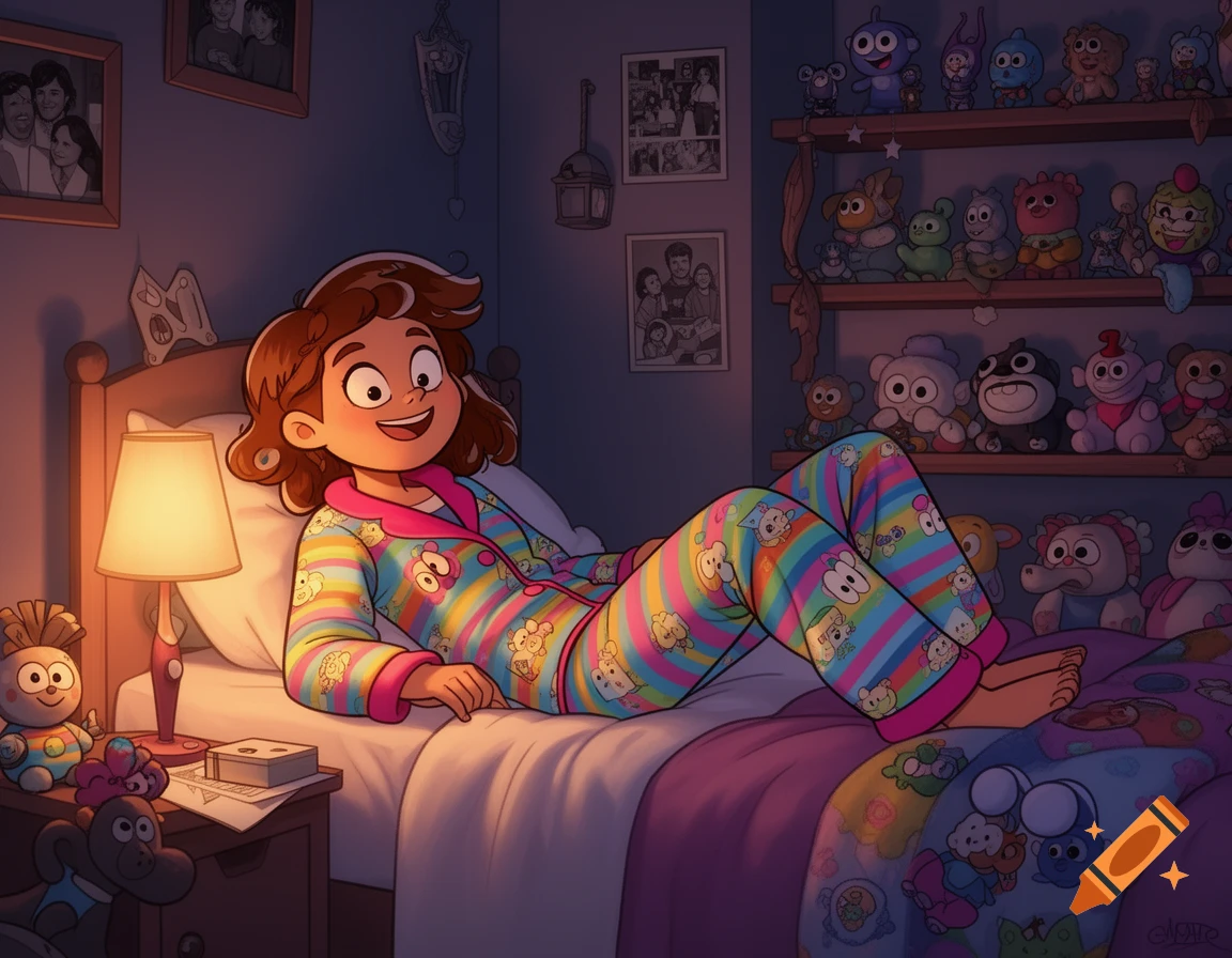 A cartoon girl in colorful striped pajamas with character patterns lies on her bed in a cozy, dimly lit bedroom, surrounded by many stuffed animals.