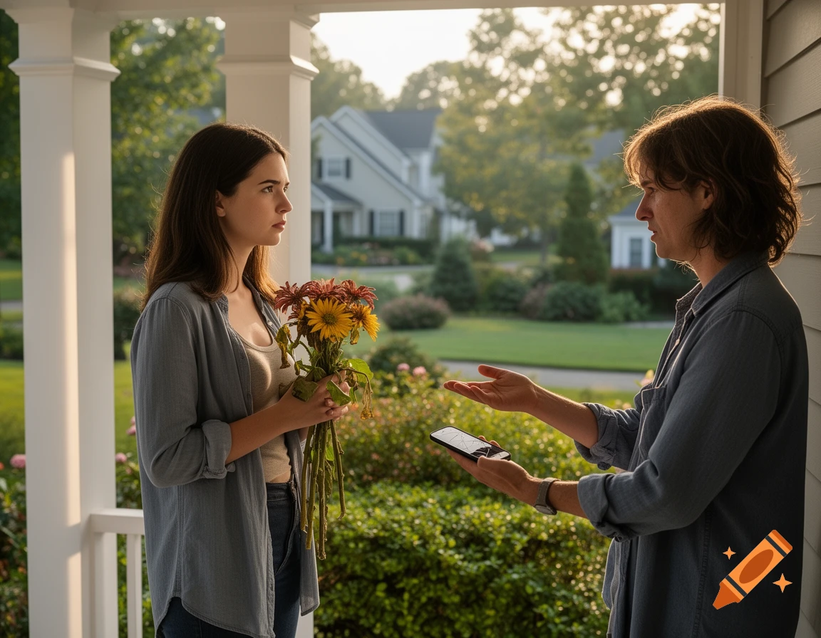 A young woman holding flowers looks away from a person with a broken phone on a suburban porch.