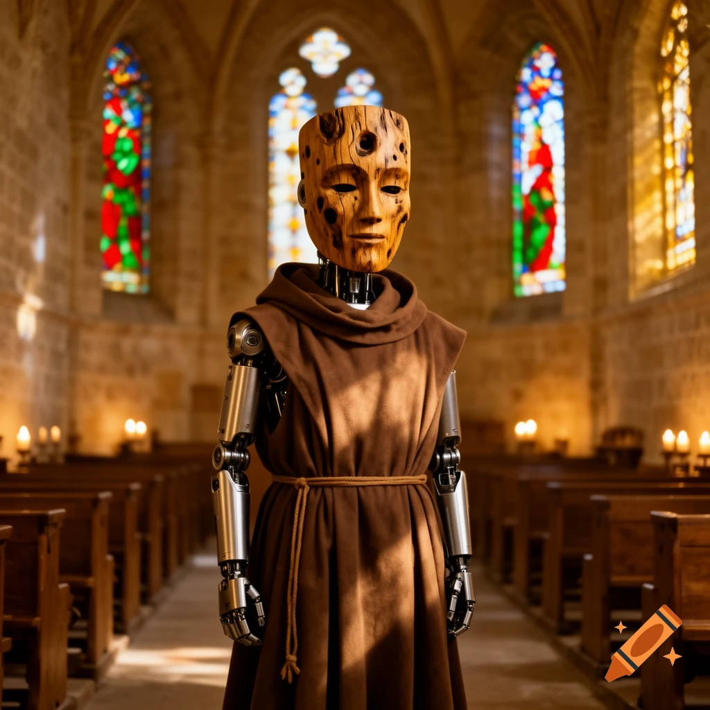 Photorealistic image of a robot in brown monastic robes and a wooden mask standing inside a church with stained glass windows.