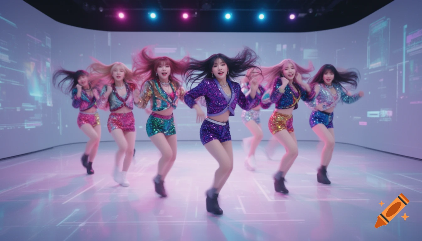 K-pop girl group in sequined outfits dancing on a futuristic stage with digital graphics, intentionally blurred.